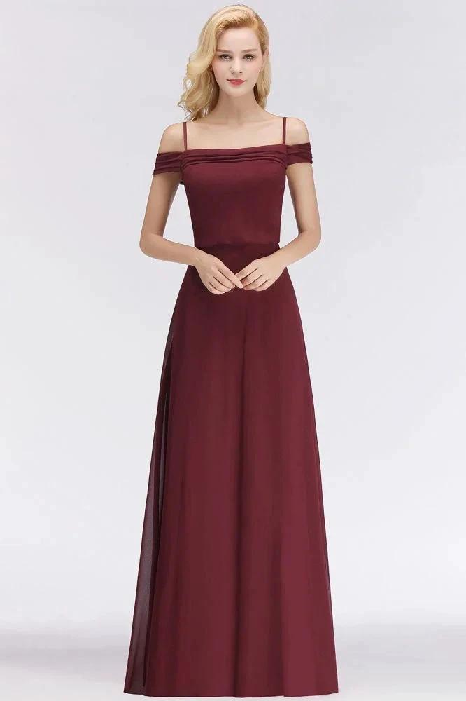 A-line Burgundy Bridesmaid Dress Off-the-shoulder Floor Length Party Dress by misshow.com