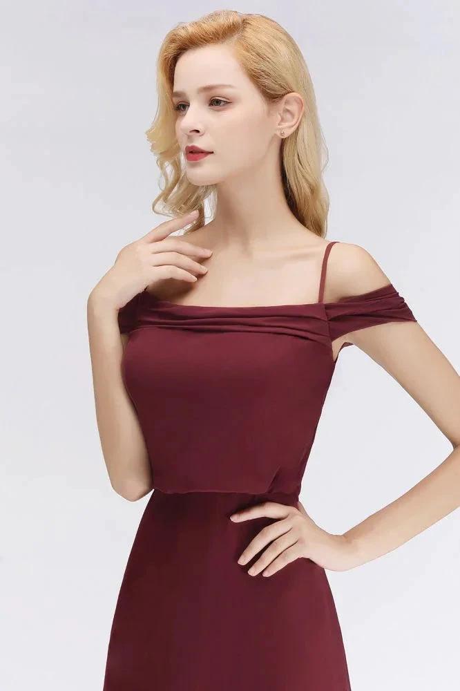 A-line Burgundy Bridesmaid Dress Off-the-shoulder Floor Length Party Dress by misshow.com