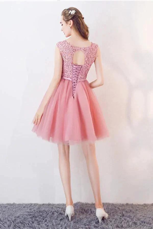 A-Line Cap Sleeves Appliques Bowknot Crystal Sashes Homecoming Dress PG154 by pgmdress