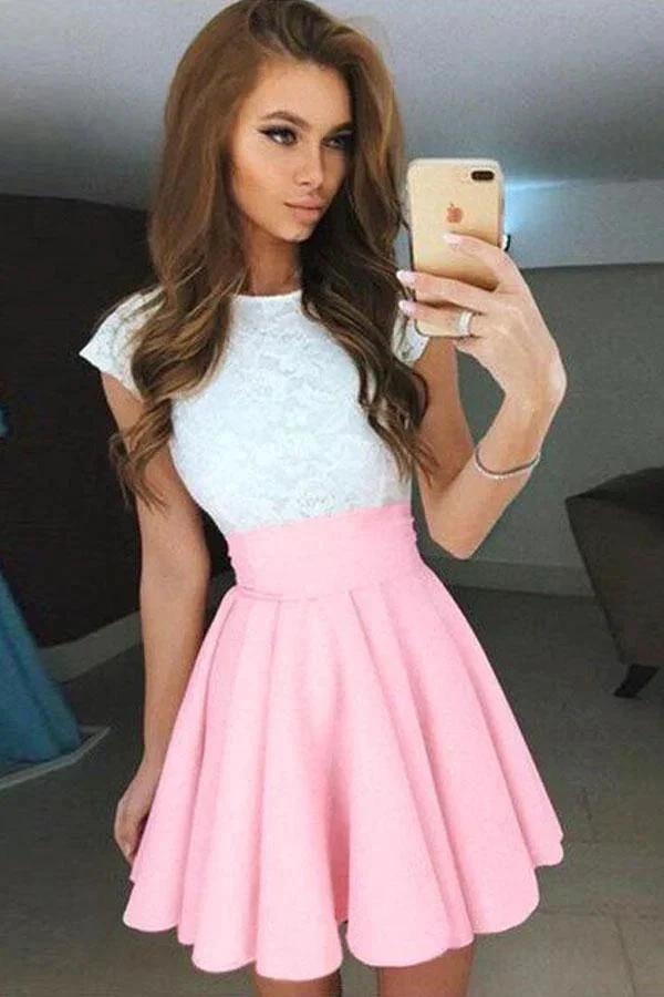A-line Cap Sleeves Short Pearl Pink Chiffon Homecoming Dress with Lace PD092 by pgmdress