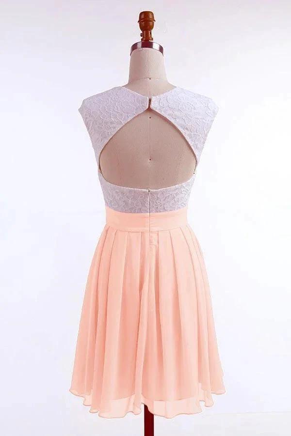 A-line Cap Sleeves Short Pearl Pink Chiffon Homecoming Dress with Lace PD092 by pgmdress