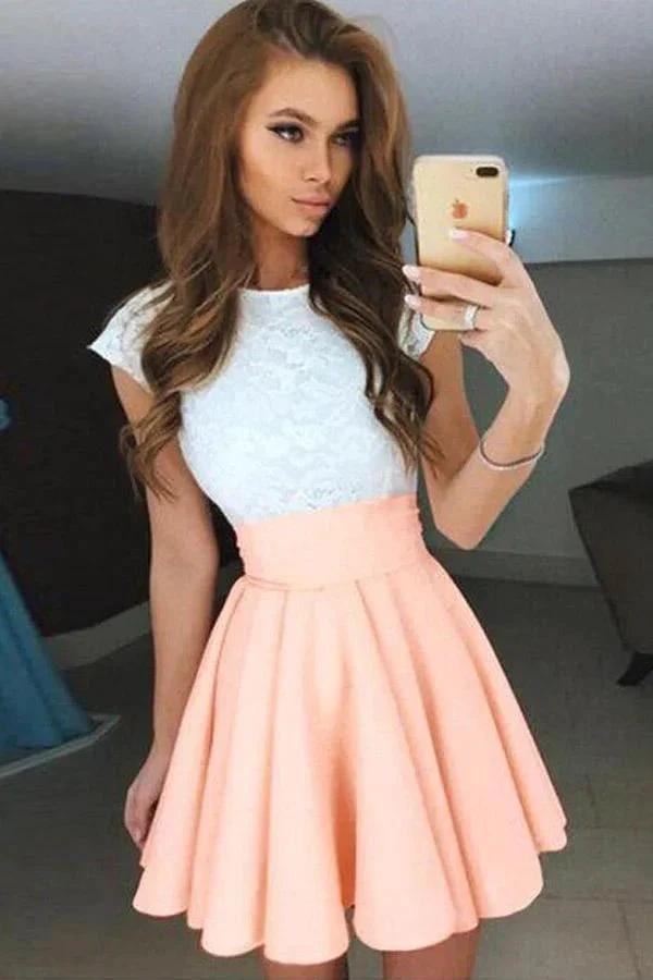A-line Cap Sleeves Short Pearl Pink Chiffon Homecoming Dress with Lace PD092 by pgmdress
