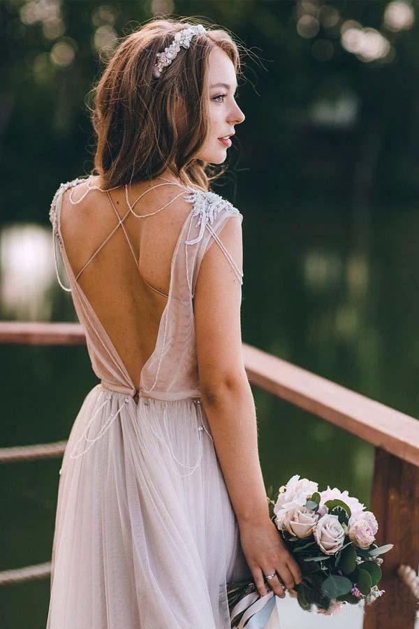 A-line Cap Sleeves Silver Long Tulle Beach Wedding Dress WD323 by pgmdress