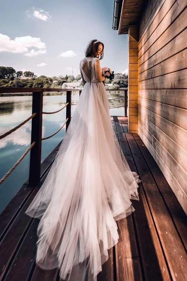 A-line Cap Sleeves Silver Long Tulle Beach Wedding Dress WD323 by pgmdress