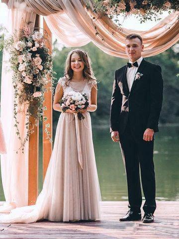 A-line Cap Sleeves Silver Long Tulle Beach Wedding Dress WD323 by pgmdress