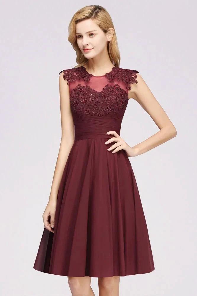 A-line Chiffon Appliques Jewel Sleeveless Knee-Length Bridesmaid Dresses with Ruffles by misshow.com