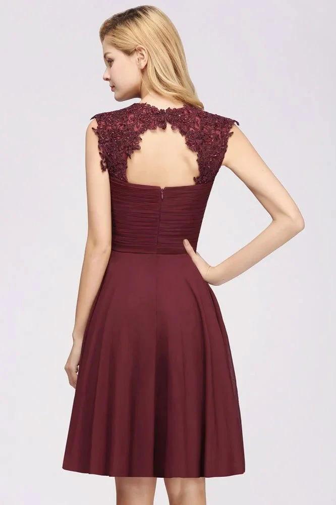 A-line Chiffon Appliques Jewel Sleeveless Knee-Length Bridesmaid Dresses with Ruffles by misshow.com