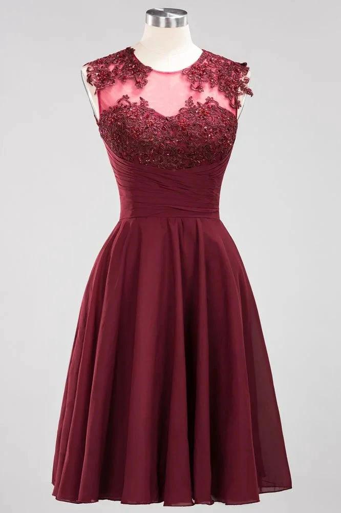 A-line Chiffon Appliques Jewel Sleeveless Knee-Length Bridesmaid Dresses with Ruffles by misshow.com