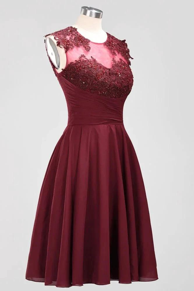 A-line Chiffon Appliques Jewel Sleeveless Knee-Length Bridesmaid Dresses with Ruffles by misshow.com
