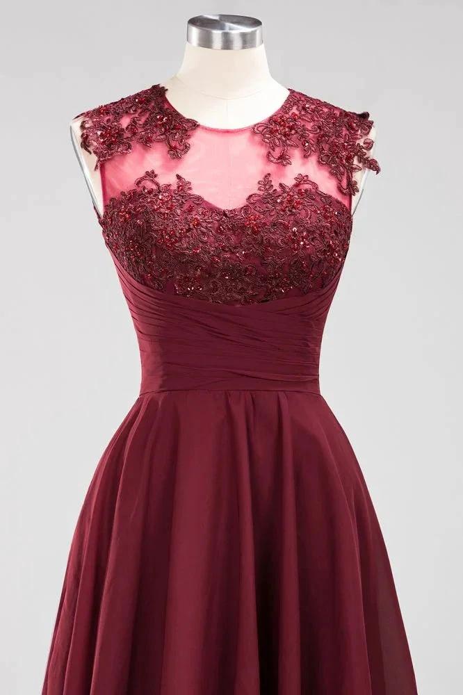 A-line Chiffon Appliques Jewel Sleeveless Knee-Length Bridesmaid Dresses with Ruffles by misshow.com