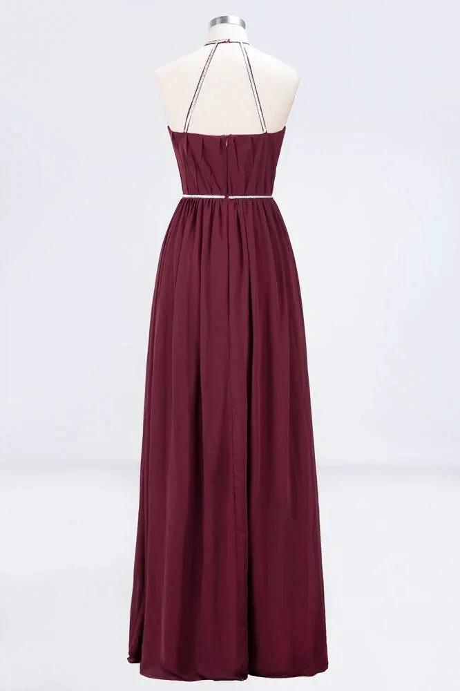 A-line Chiffon Halter Sleeveless Floor-Length Bridesmaid Dress with Beading Sash by misshow.com