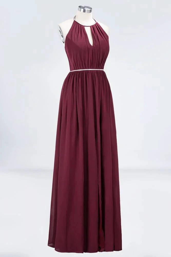 A-line Chiffon Halter Sleeveless Floor-Length Bridesmaid Dress with Beading Sash by misshow.com