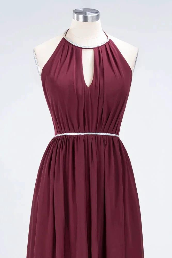 A-line Chiffon Halter Sleeveless Floor-Length Bridesmaid Dress with Beading Sash by misshow.com