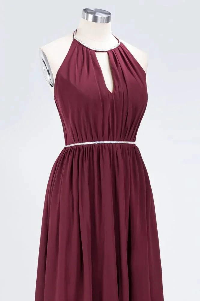 A-line Chiffon Halter Sleeveless Floor-Length Bridesmaid Dress with Beading Sash by misshow.com