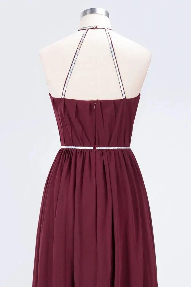A-line Chiffon Halter Sleeveless Floor-Length Bridesmaid Dress with Beading Sash by misshow.com