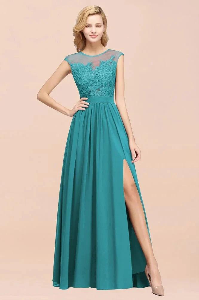 A-line Chiffon Lace Jewel Sleeveless Floor-Length Bridesmaid Dresses with Appliques by misshow.com