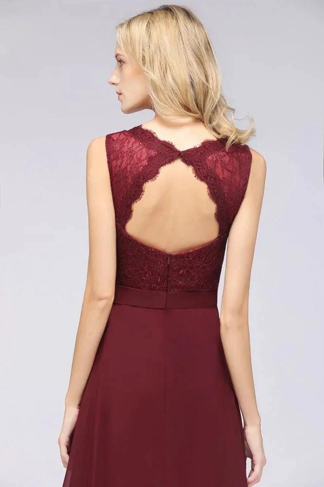 A-Line Chiffon Lace V-Neck Sleeveless Floor-Length Bridesmaid Dresses with Ruffles by misshow.com