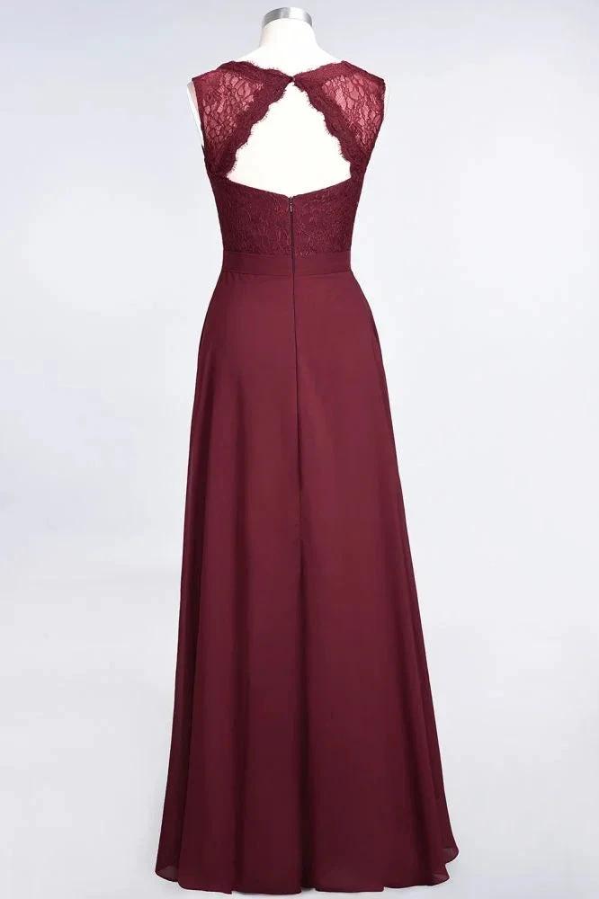 A-Line Chiffon Lace V-Neck Sleeveless Floor-Length Bridesmaid Dresses with Ruffles by misshow.com