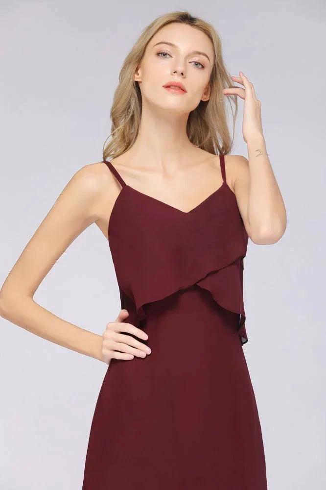 A-Line Chiffon Spaghetti V-Neck Bridesmaid Dress Sleeveless Maid of Honor Dress by misshow.com