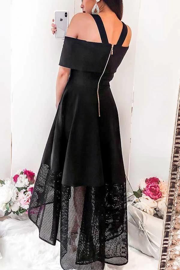 A-Line Cold Shoulder High Low Black Homecoming Dress with Lace PD054 by pgmdress