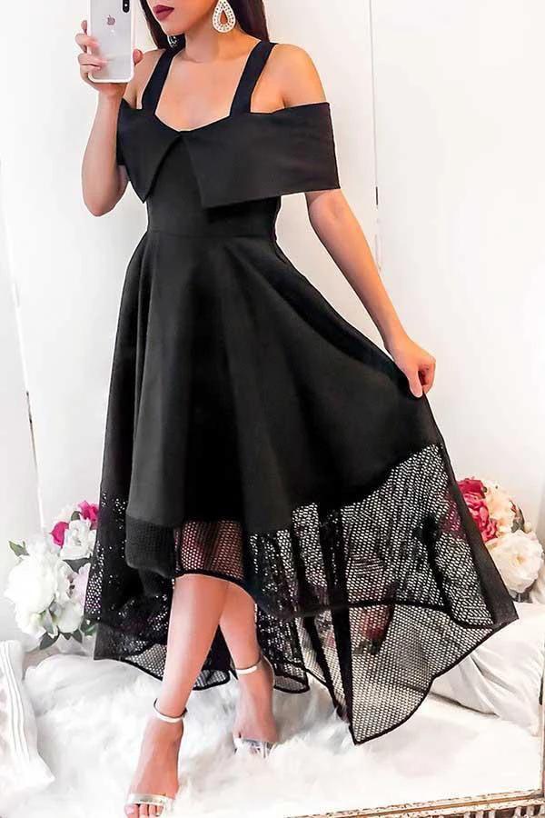 A-Line Cold Shoulder High Low Black Homecoming Dress with Lace PD054 by pgmdress