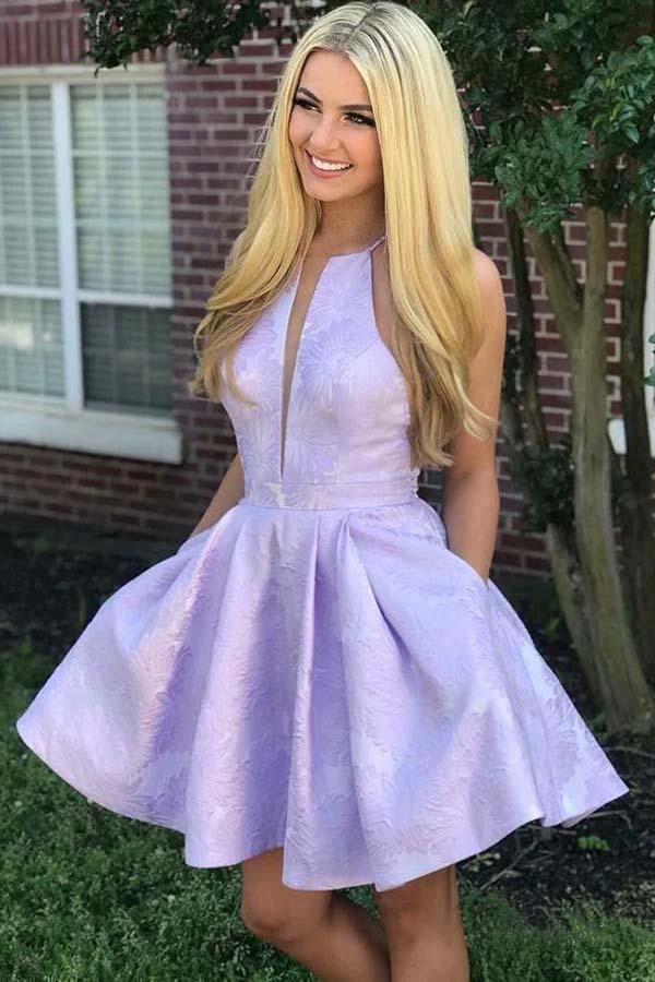 A-Line Crew Above-Knee Lilac Satin Homecoming Dress with Pockets PD271 by pgmdress