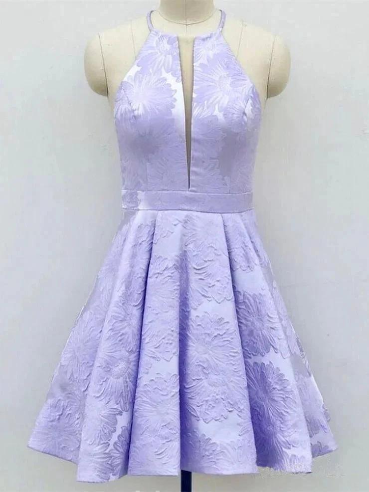 A-Line Crew Above-Knee Lilac Satin Homecoming Dress with Pockets PD271 by pgmdress