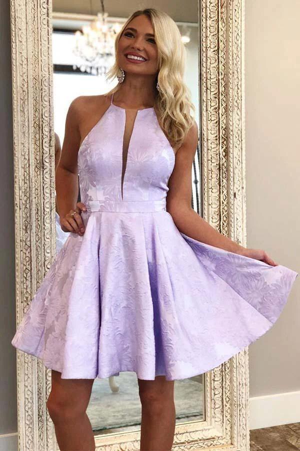 A-Line Crew Above-Knee Lilac Satin Homecoming Dress with Pockets PD271 by pgmdress