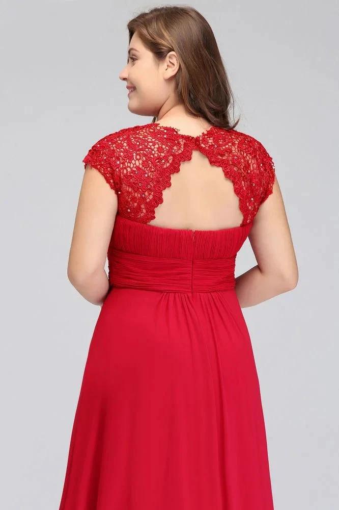 A-Line Crew Floor length Plus size Cap sleeves Lace Chiffon Evening Dresses with Appliques by misshow.com