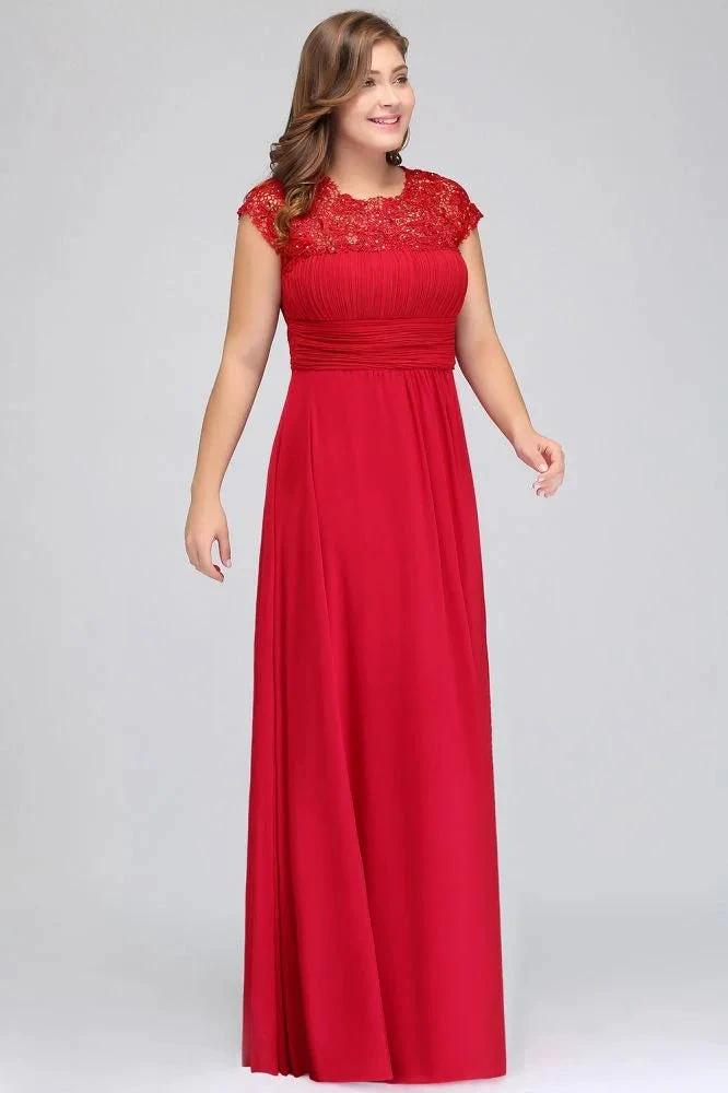 A-Line Crew Floor length Plus size Cap sleeves Lace Chiffon Evening Dresses with Appliques by misshow.com