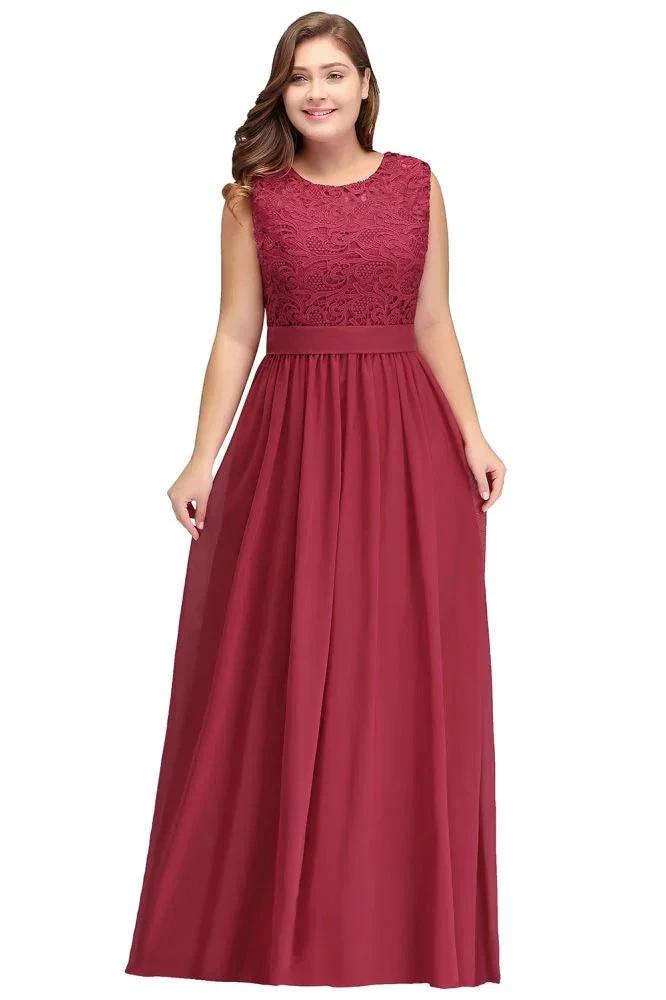 A-Line Crew Long Plus size Sleeveless Lace Chiffon Evening Dresses with Sash by misshow.com