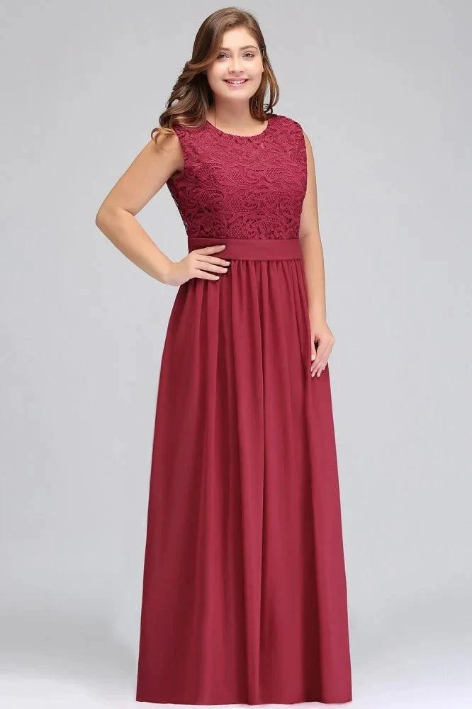 A-Line Crew Long Plus size Sleeveless Lace Chiffon Evening Dresses with Sash by misshow.com
