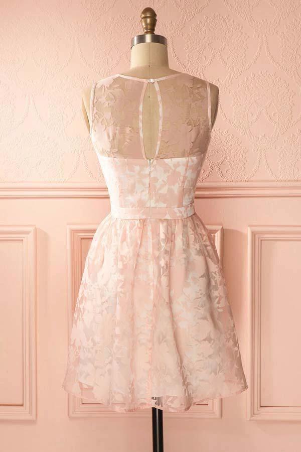 A-Line Crew Open Back Short Pearl Pink Lace Homecoming Dress PD145 by pgmdress