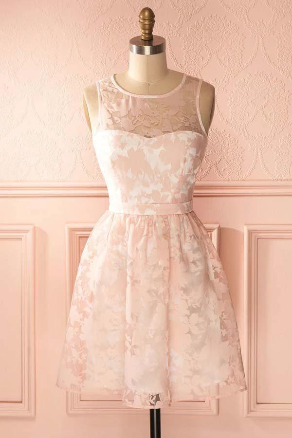 A-Line Crew Open Back Short Pearl Pink Lace Homecoming Dress PD145 by pgmdress