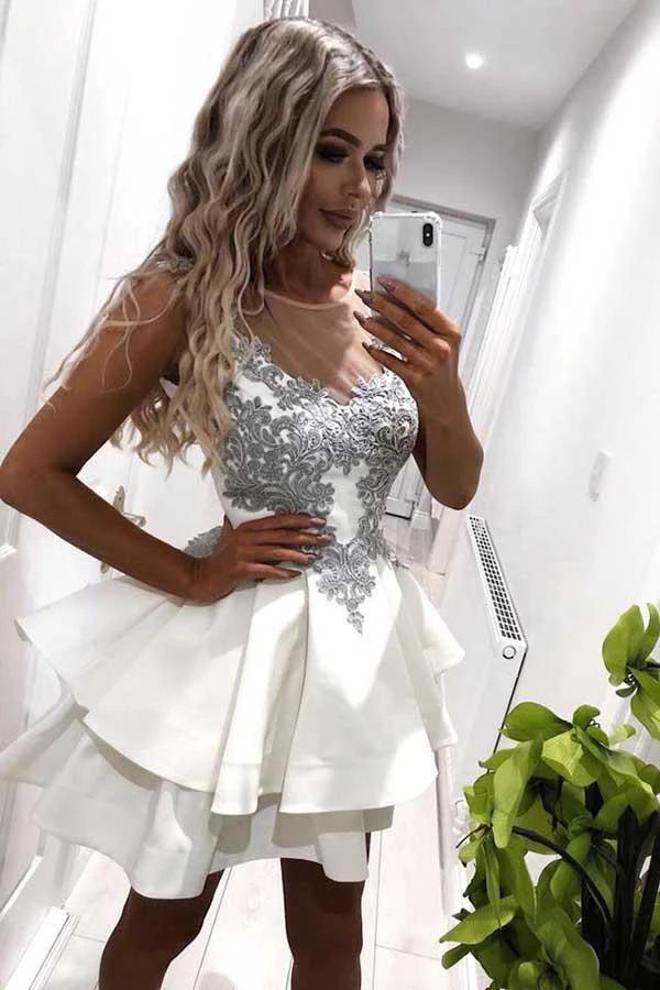 A-Line Crew Short Tiered White Homecoming Dress with Appliques PD071 by pgmdress