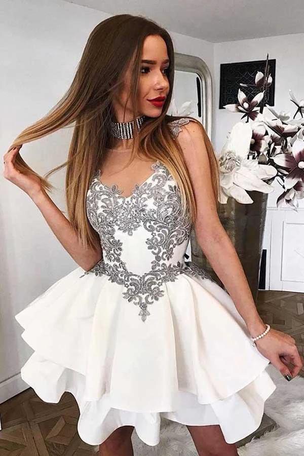 A-Line Crew Short Tiered White Homecoming Dress with Appliques PD071 by pgmdress