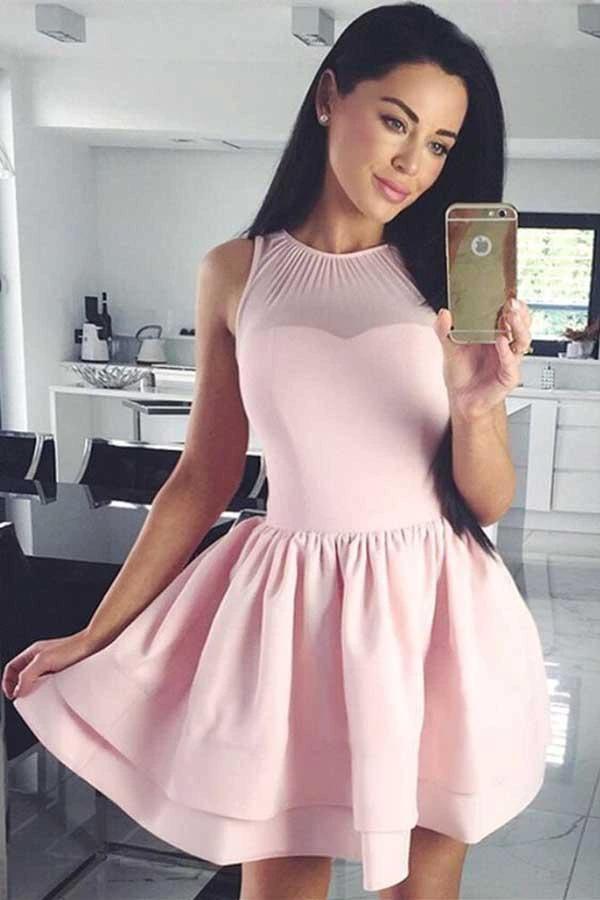 A-Line Crew Sleeveless Short Pink Tiered Satin Homecoming Dress PD087 by pgmdress