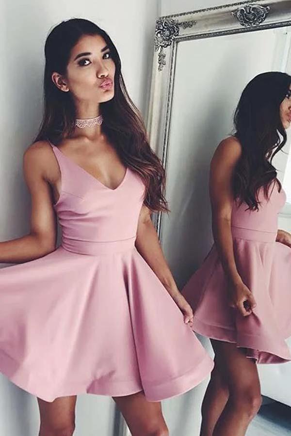 A-line Cute V Neck Short Pink Satin Homecoming Dress Formal Dress PD126 by pgmdress