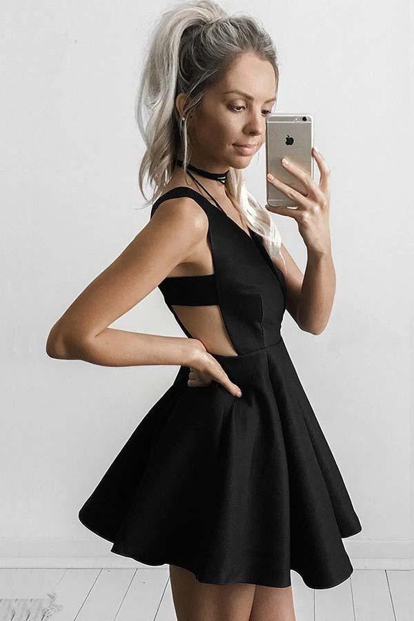 A-Line Deep V-Neck Short Cut Out Black Satin Homecoming Dress PD149 by pgmdress