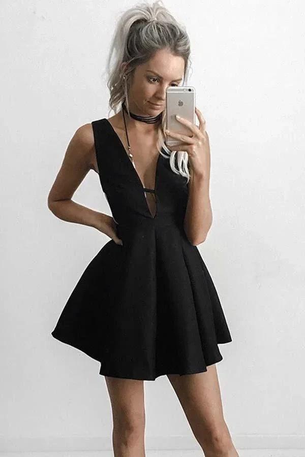 A-Line Deep V-Neck Short Cut Out Black Satin Homecoming Dress PD149 by pgmdress