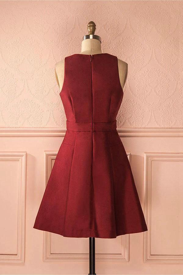A-Line Deep V-Neck Sleeveless Lace-up Burgundy Satin Homecoming Dress PD386 by pgmdress