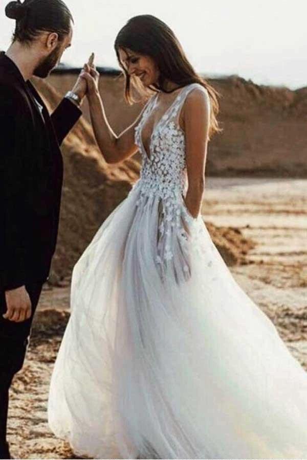 A-Line Deep V-Neck Tulle Wedding Dress with Appliques Split WD245 by pgmdress