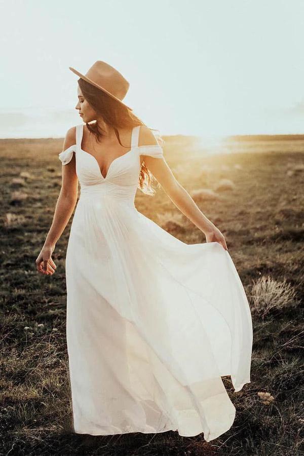 A-line Elegant Chiffon Ivory Beach Wedding Dress Bridal Gown WD414 by pgmdress