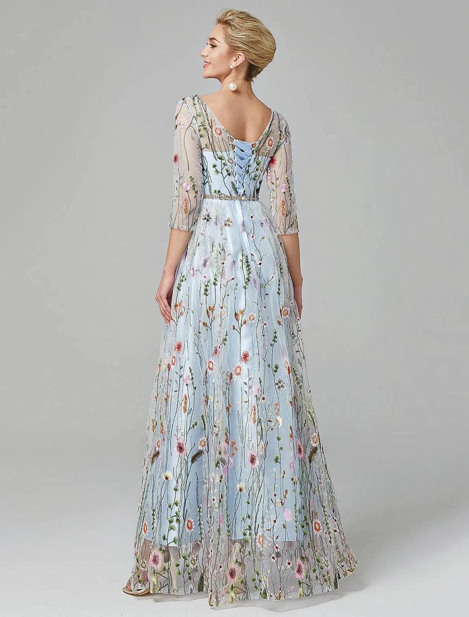 Sunnderly A-Line Evening Gown Party Dress Floral Dress Holiday Wedding Guest Floor Length 3/4 Length Sleeve Illusion Neck Lace with Embroidery by Aabei
