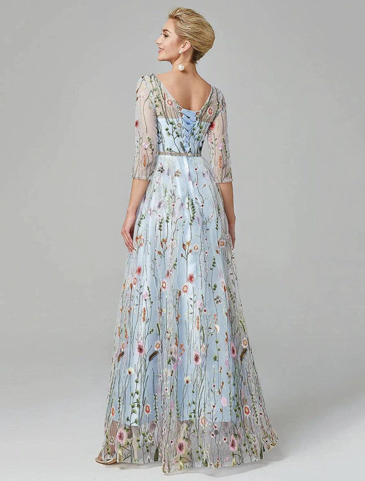 Sunnderly A-Line Evening Gown Party Dress Floral Dress Holiday Wedding Guest Floor Length 3/4 Length Sleeve Illusion Neck Lace with Embroidery by Aabei