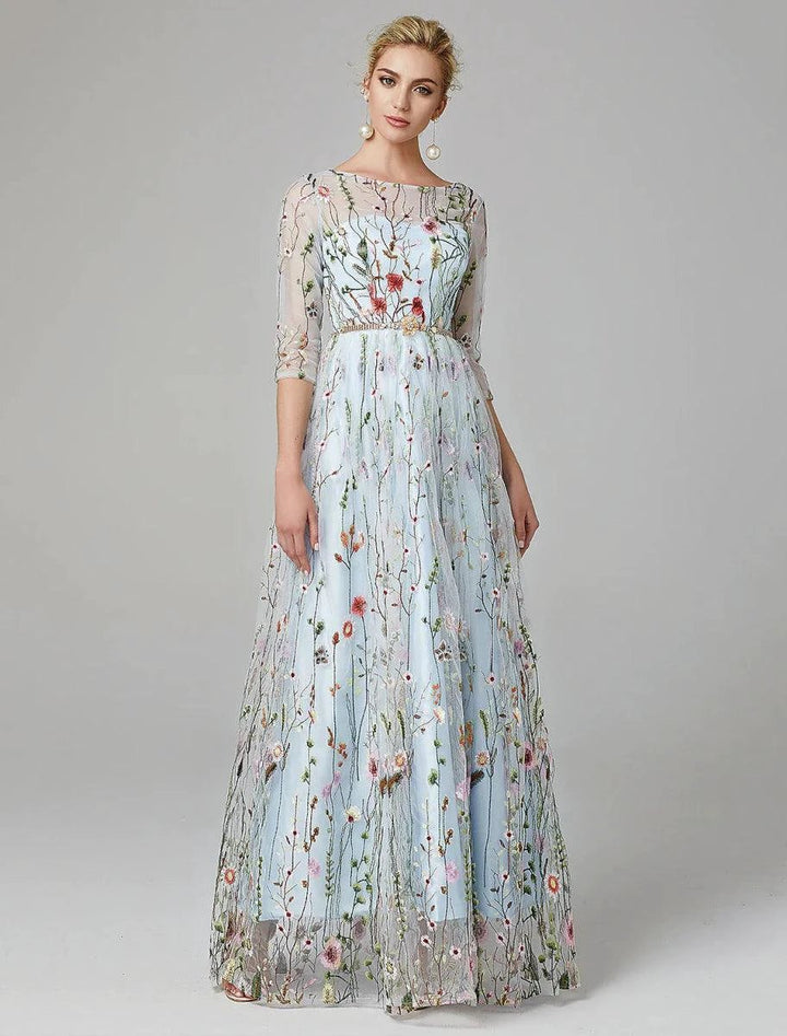 Sunnderly A-Line Evening Gown Party Dress Floral Dress Holiday Wedding Guest Floor Length 3/4 Length Sleeve Illusion Neck Lace with Embroidery by Aabei