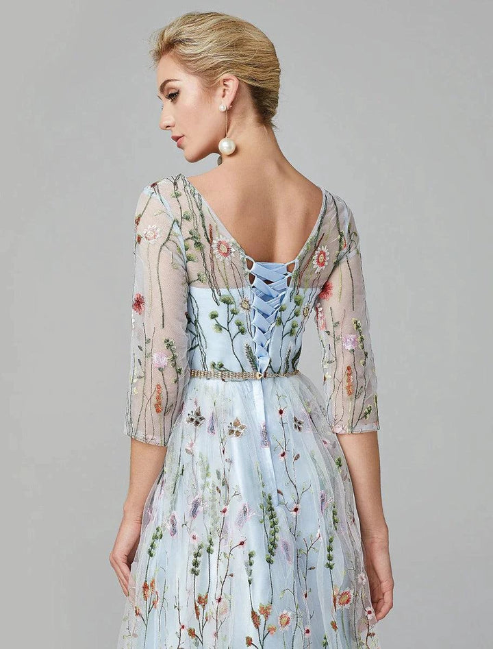 Sunnderly A-Line Evening Gown Party Dress Floral Dress Holiday Wedding Guest Floor Length 3/4 Length Sleeve Illusion Neck Lace with Embroidery by Aabei