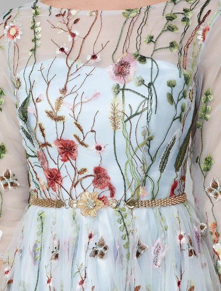 Sunnderly A-Line Evening Gown Party Dress Floral Dress Holiday Wedding Guest Floor Length 3/4 Length Sleeve Illusion Neck Lace with Embroidery by Aabei