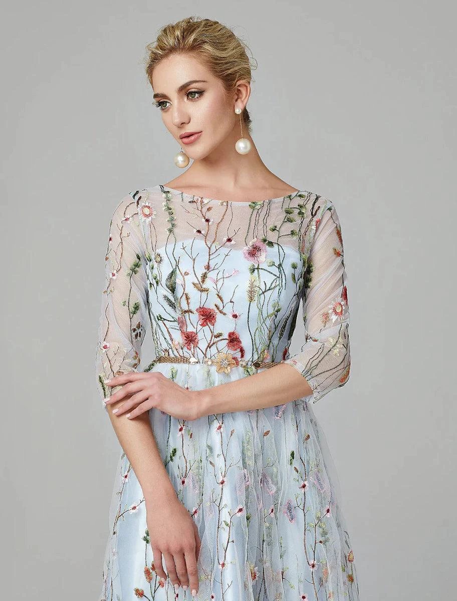 Sunnderly A-Line Evening Gown Party Dress Floral Dress Holiday Wedding Guest Floor Length 3/4 Length Sleeve Illusion Neck Lace with Embroidery by Aabei