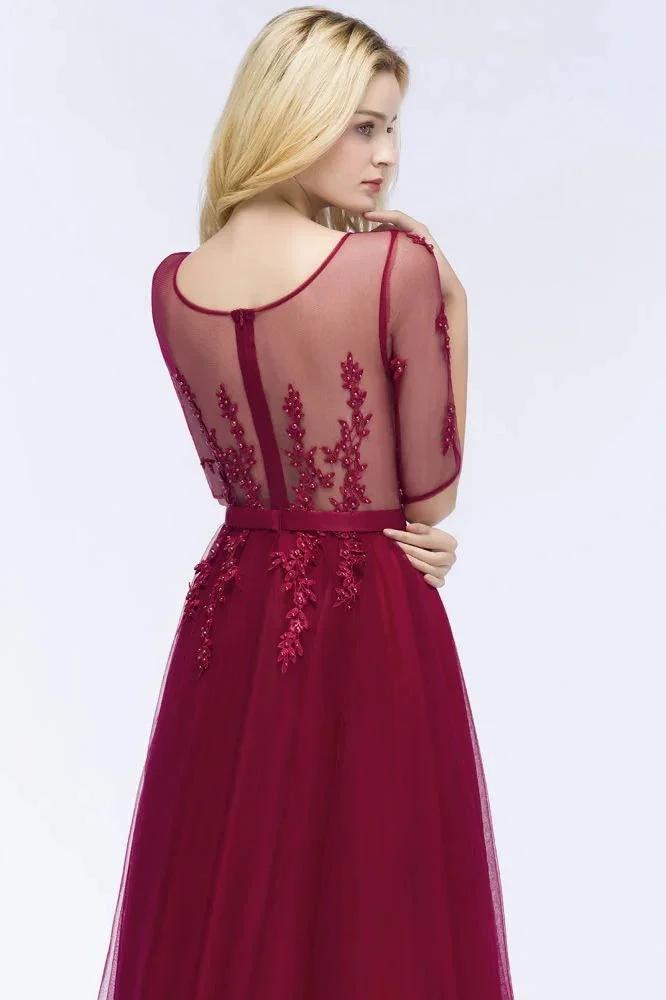 A-line Floor Length Appliques Tulle Bridesmaid Dress Half Sleeve Evening Dress by misshow.com